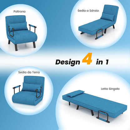 4 in 1 Poltrona Letto Singolo, Poltroncina Pieghevole con Schienale Regolabile in 6 Posizioni, Sedile Imbottito Robusto, Divano Letto per Casa Ufficio, 79x65x79 cm