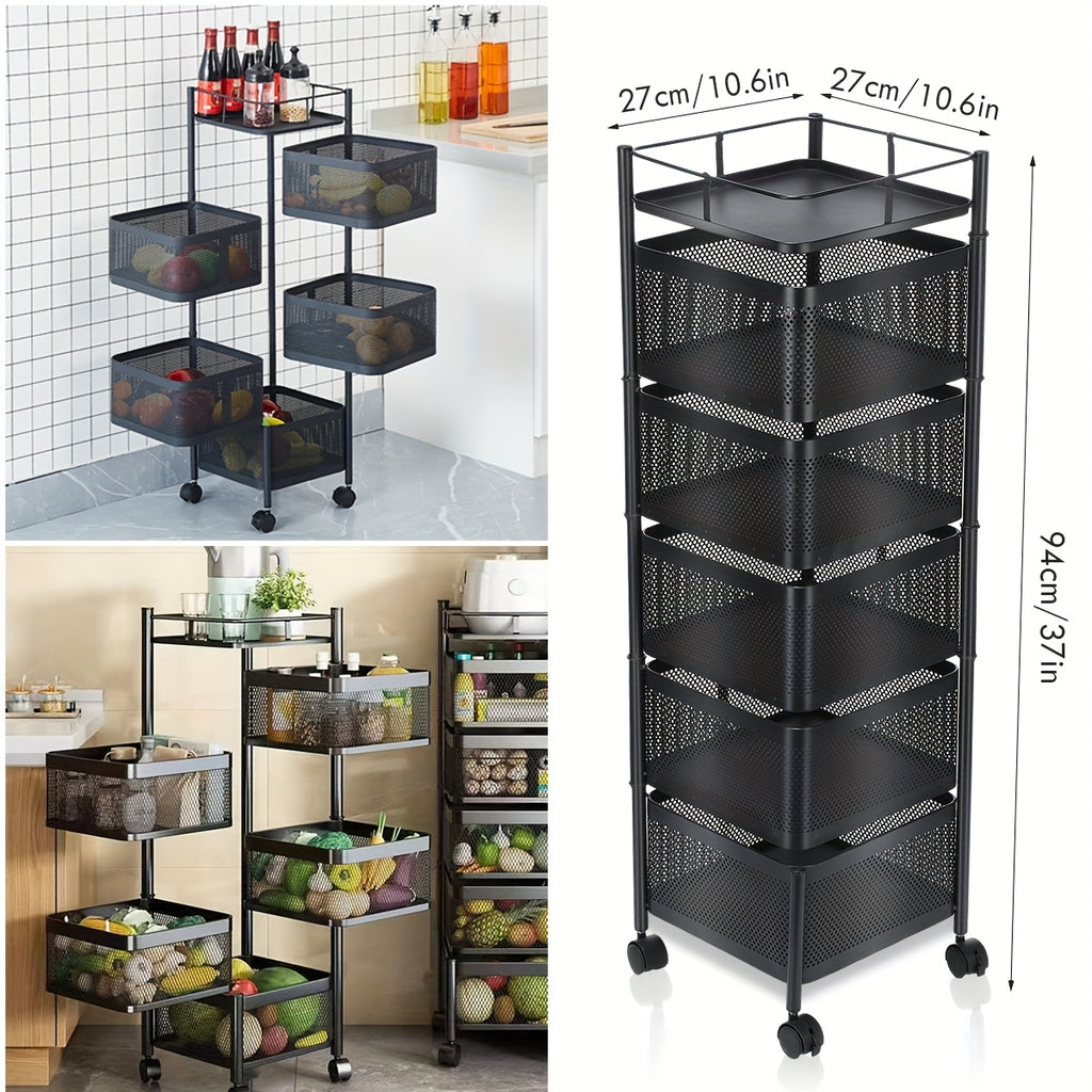 Carrello Girevole a 5 Ripiani per Cucina con Ruote, Struttura in Metallo Robusto, Ideale per Dispensa, Portafrutta, Verdure, Carrello Salvaspazio per Uso Domestico o Commerciale, Scaffale Autoportante
