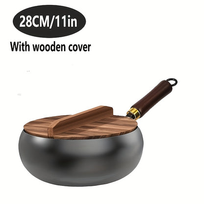 1 Pentola Grande in Ferro con Coperchio e Manico in Legno, con Distribuzione Rapida e Uniforme del Calore. Pentola Profonda con Rivestimento Antiaderente, Perfetta per Saltare in Padella in Modo Sano, Casseruola per Cuocere a Fuoco Lento le Zuppe