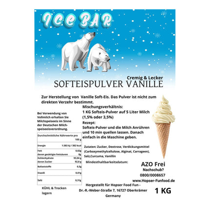 Hopser Funfood Polvere per Gelato Soft Serve alla Vaniglia 1 kg – Polvere Crema per Gelato Soft Serve per Macchina per Gelato | Cool Freeze Power-Soft-Plus | Prodotto in Germania Vaniglia