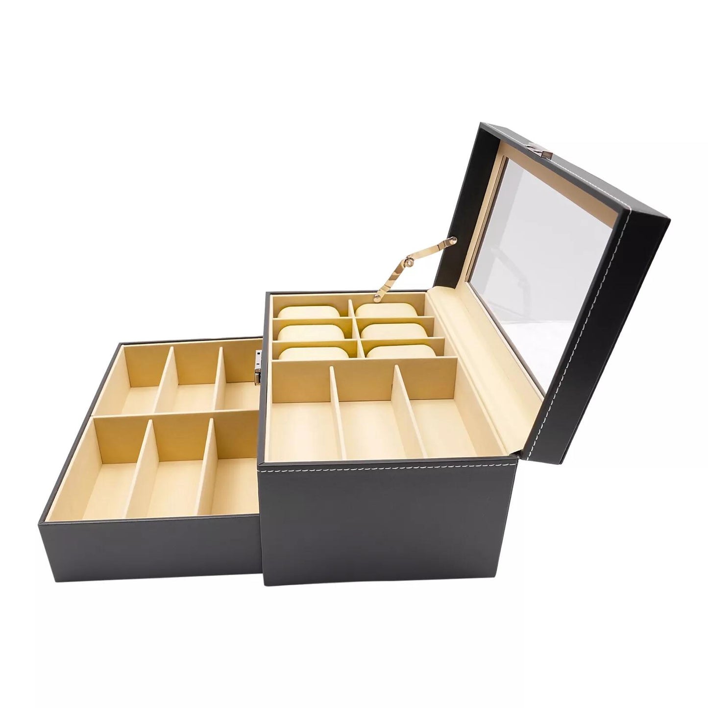 Porta Orologi in Ecopelle Nera, Custodia per Gioielli, Porta Occhiali da Vista e Porta Occhiali da Sole con Cassetto Espositore e Serratura (Porta Occhiali a 9 Scomparti e Porta Orologi a 6 Scomparti)