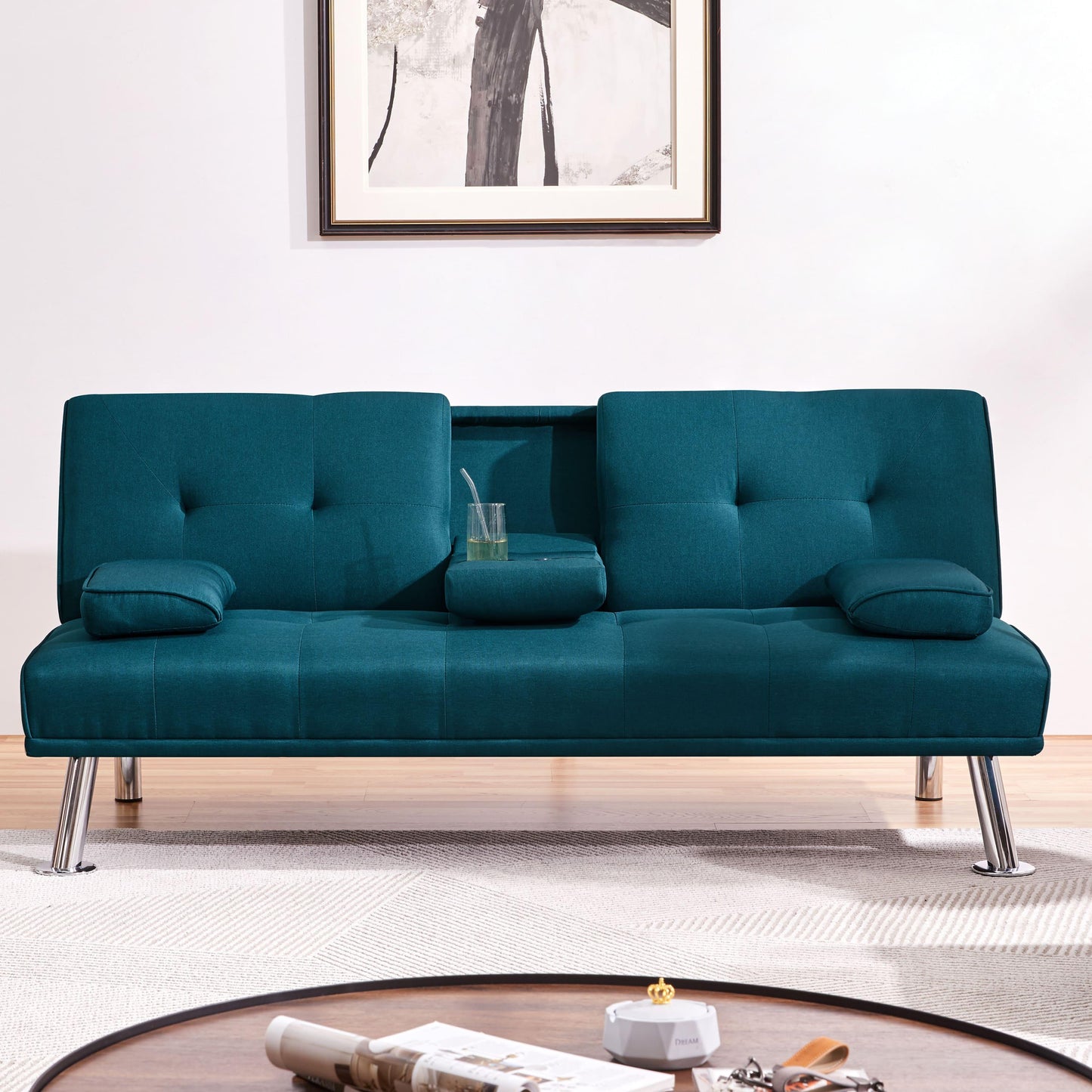 Costoffs Divano Letto a 3 Posti Divano Trasformabile con 2 Braccioli Staccabili Mobile Imbottito con Supporto Centrale Porta Bicchieri Divanetto Reclinabile da Salotto