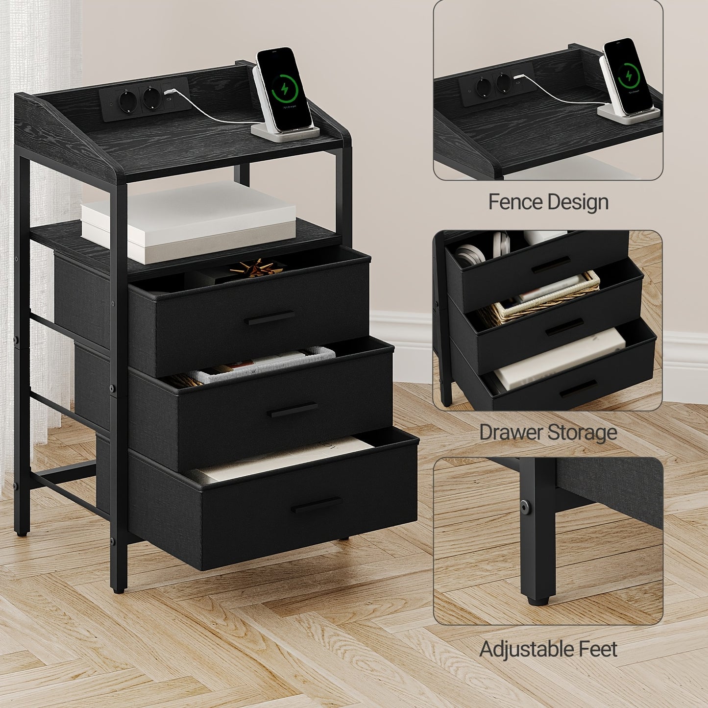 Tavolino da comodino con luci LED e stazione di ricarica, tavolino laterale con 3 cassetti in tessuto e ripiani, con porte USB e prese, per camera da letto, soggiorno