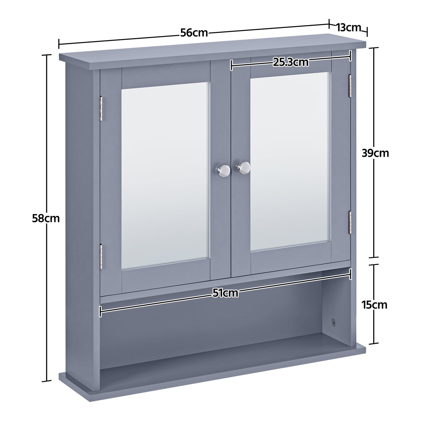 Armadietto Bagno Specchio da Muro Parete Mobile Bagno Sospeso con 2 Ante Mobiletto Pensile Mensola Ripiano Regolabile 58 x 56 x 13 cm