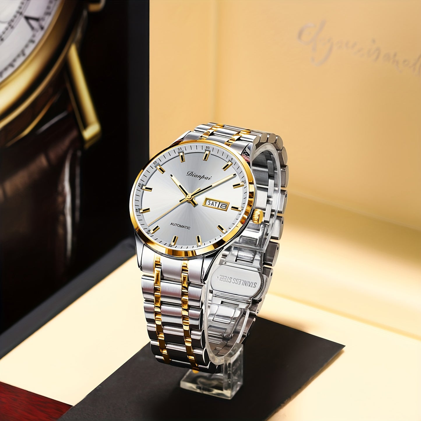 Un orologio da uomo tradizionale e sofisticato con calendario luminoso, realizzato con cinturino in acciaio inossidabile, ideale come regalo per uomo, l'orologio meccanico automatico Dianpai per affari, senza batteria.