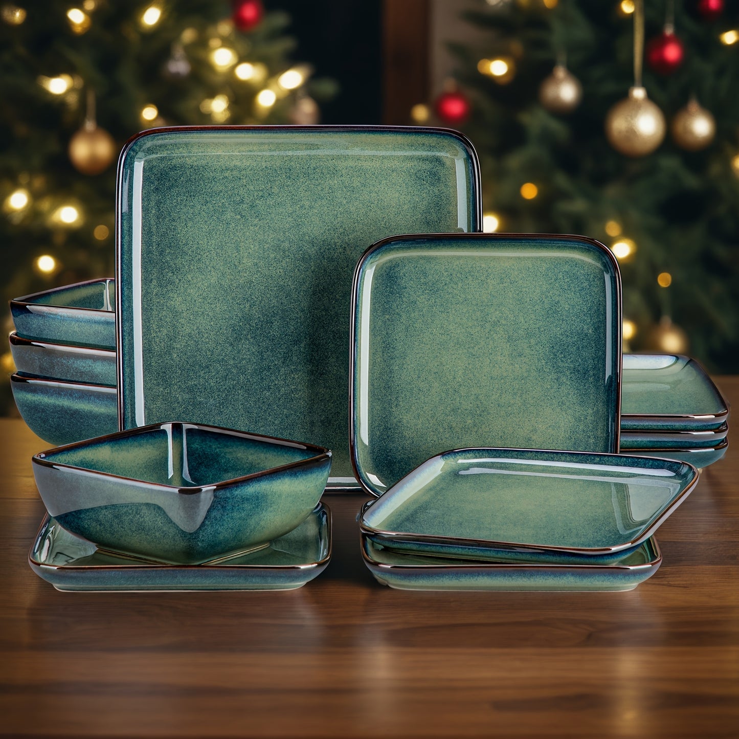 Set da pranzo verde da 12 pezzi, stoviglie quadrate con smalto reattivo, set di stoviglie da cucina in argilla con piatto da portata, piatto da dessert, set di ciotole per 4 persone, lavabile in lavastoviglie e adatto al microonde, fatto a mano, regalo pe
