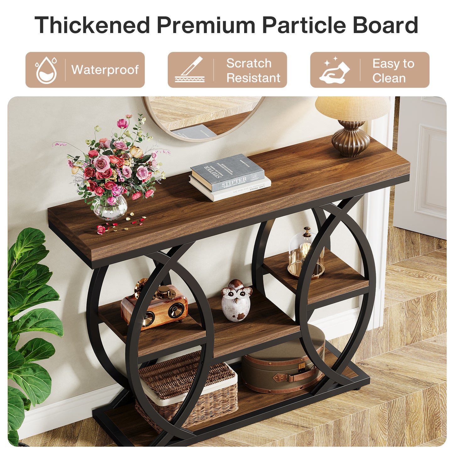 Console Table, 100 X 30Cm Tavolo da Divano Industriale a 4 Livelli con Ripostiglio, Tavoli Accenti in Legno Sottile con Struttura in Metallo per Piccole Stanze, Corridoio, Ingresso, Marrone Rustico.