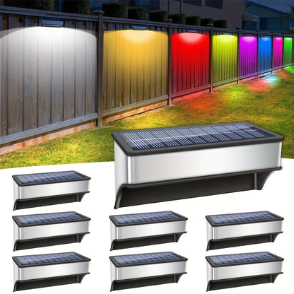 8 pezzi di luci solari per recinzione esterna, luce calda e bianco freddo e luci solari RGB per ponte, luci solari super luminose per scale, luci in acciaio inossidabile per cortile, IP65, per cortile, giardino, recinzione, parete, ponte, decorazioni per