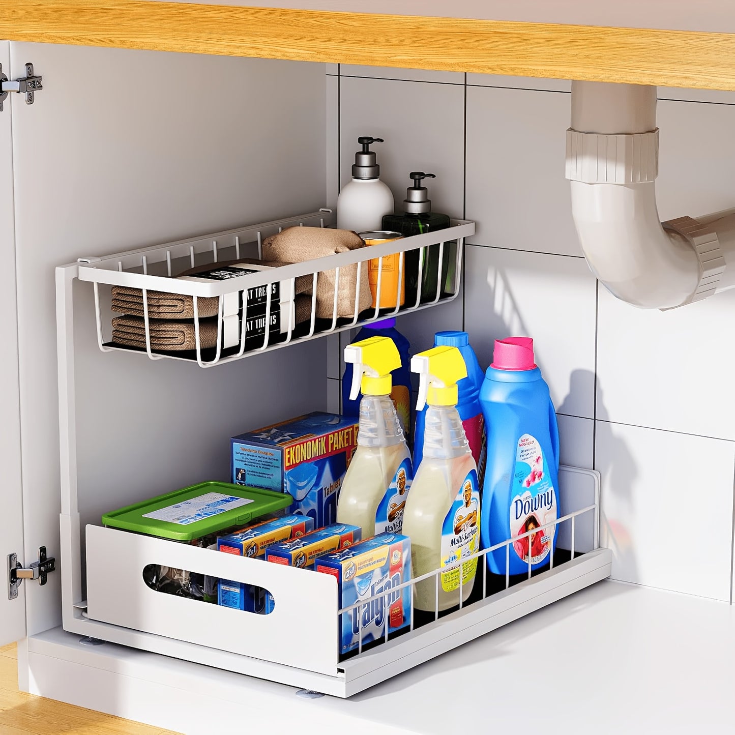 Organizzatore a doppio strato sottolavello - Scaffale estraibile in plastica resistente per armadietti, design impermeabile e antiruggine salvaspazio, adatto per cucina, bagno, dispensa, lavanderia - Facile da installare