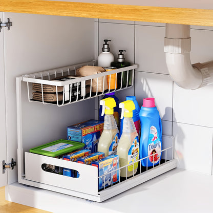Organizzatore a doppio strato sottolavello - Scaffale estraibile in plastica resistente per armadietti, design impermeabile e antiruggine salvaspazio, adatto per cucina, bagno, dispensa, lavanderia - Facile da installare