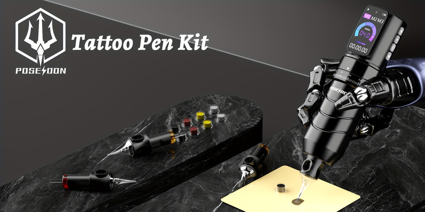 POSEIDON Kit Completo per Tatuaggi Wireless con 10 Aghi e Alimentatore - Pistola Rotary Professionale per Principianti, Penna con Display LCD, Compatibile con Aghi a Cartuccia (Adattatore Non Incluso) - Attrezzatura per Tatuaggi per Aspiranti