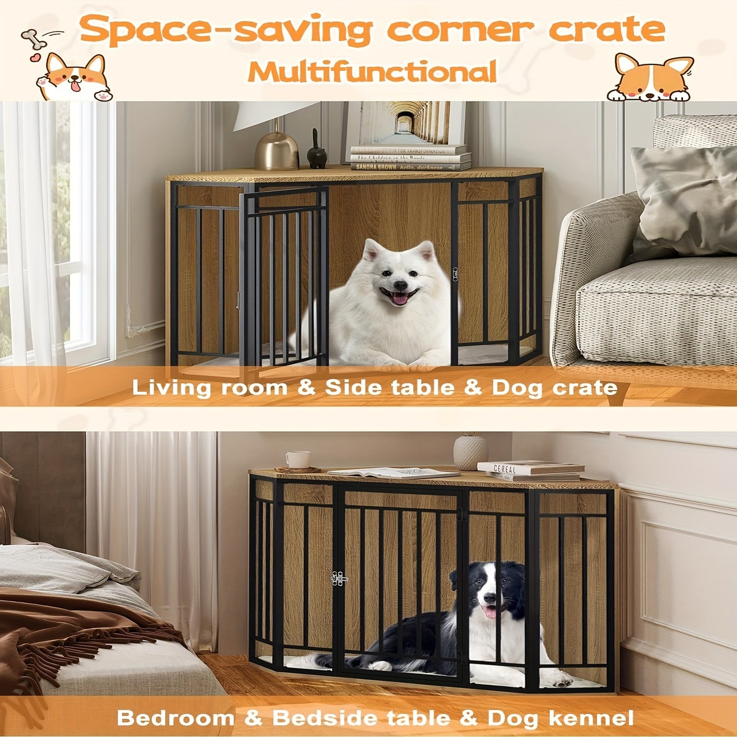Gabbia Angolare per Cani da Interno, Cuccia per Cani, Casa per Cani, Gabbia Bloccabile per Cani, Gatti e Altri Animali Domestici, 111L x 60P x 67A cm