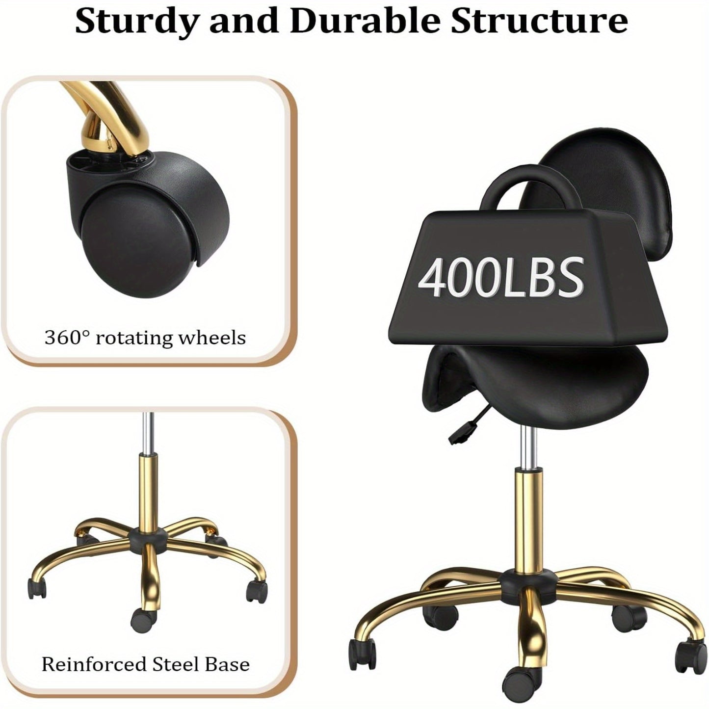 Sgabello Sella Ergonomico Bonnlo ad Alta Resistenza con Schienale Rimovibile - Girevole a 360°, Regolabile in altezza (48-63 cm), Capacità di Peso 180 kg, 130 Nero e Oro Finta pelle Robusta Base 5 Stellata Antiscivolo per Salone Ufficio Casa Bar