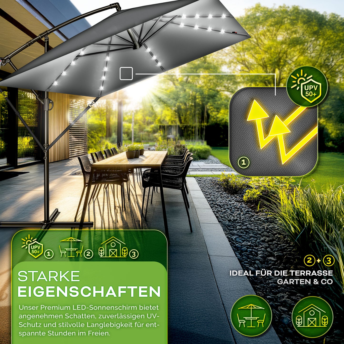 Tillvex® Tenda da Sole Rettangolare in Alluminio con LED Solare Ø 330 Cm + Copertura con Manovella | Ombrello Angolare con Luce Stradale, Supporto e Parabrezza | Grande Ombrello da Giardino in Alluminio con Protezione UV | Ombrello con Manovella, Ombrello