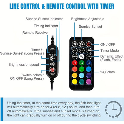 18-112Cm, Luce LED per Acquari, Illuminazione Subacquea, Luce Montabile, Lampada Copertura, Spina EU per Acquario con Telecomando, Cambio Colore RGB, Rosso/Verde/Blu, Senza Batteria