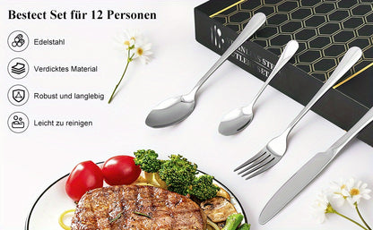 Set di posate in acciaio inossidabile da 48 pezzi per 12 persone | Elegante confezione regalo, posate premium, lucidate a specchio, lavabili in lavastoviglie, coltelli da bistecca, forchette e cucchiai ergonomici | per riunioni di famiglia, matrimoni, ina