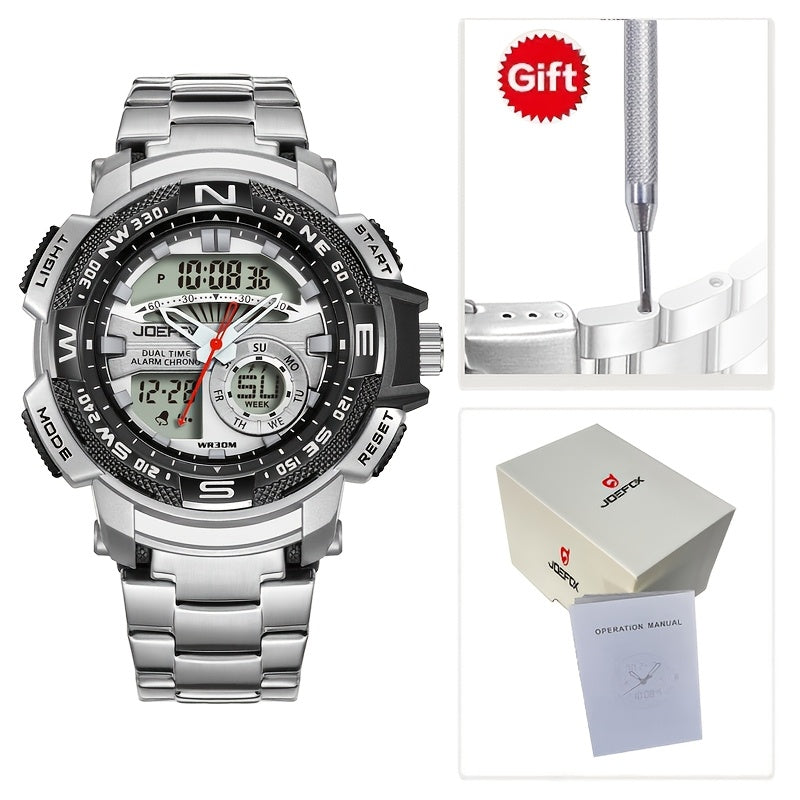 JOEFOX Orologio Sportivo da Uomo di Lusso con Doppio Display - Quadrante Grande, Luce Notturna LED, Impermeabile 3ATM, Cronografo e Sveglia, Orologio da Polso Stile Field da Uomo