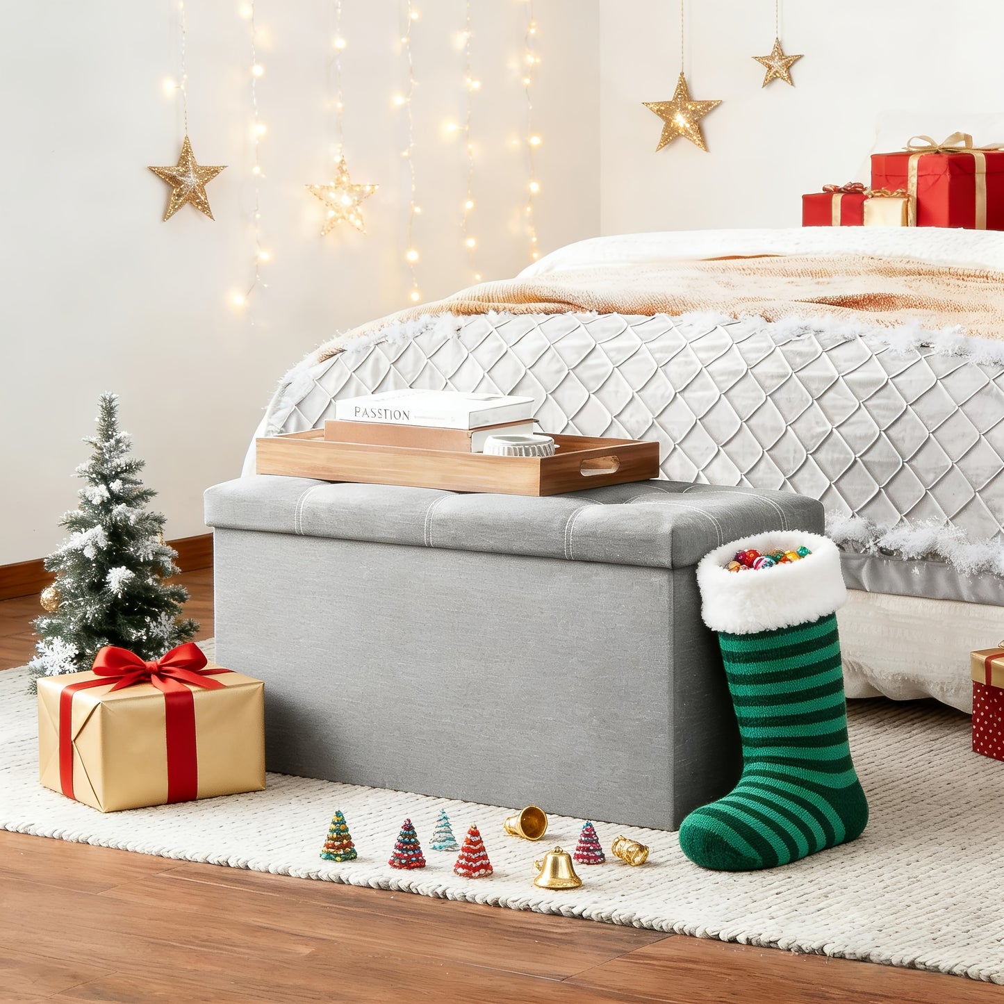 Sgabello contenitore multifunzionale moderno con seduta imbottita e contenitore pieghevole, tessuto grigio, design salvaspazio, adatto per soggiorno, camera da letto, cucina; robusto poggiapiedi rettangolare, panca, con seduta imbottita morbida