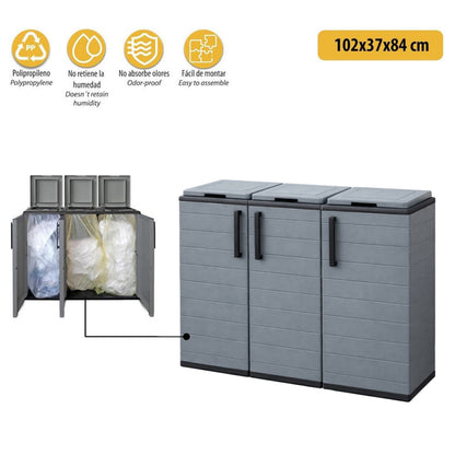 Buystar Mobile Raccolta Differenziata 300L con 3 Scomparti – Armadio Pattumiera Basso in Plastica Riciclabile con Coperchi, Anelli Portasacco – Contenitore Rifiuti con Ante e Cerniere in Acciaio – Uso Interno ed Esterno – 102x37xH84 cm