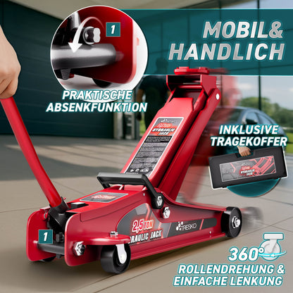 Cric idraulico per auto TRESKO® 2.5 - 3T | Cric idraulico per spostamento auto e SUV con ruote piane e a 360°, include 2 guarnizioni in gomma, tappetino protettivo, guanti
