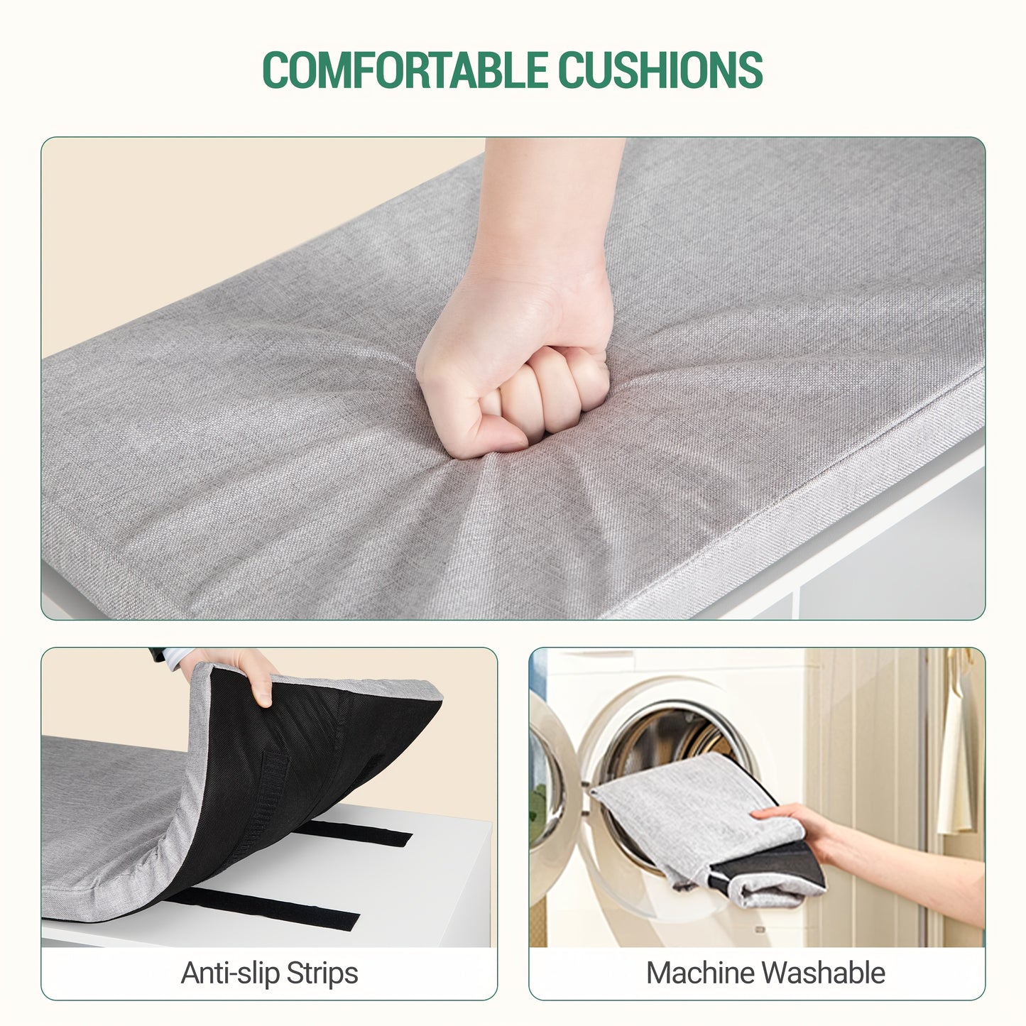 Set scarpiera per armadio, appendiabiti, divanetto scarpe con cuscino, divano d'ingresso, organizzazione e stoccaggio, 30 X 104 X 49 cm, appendiabiti a parete con 9 ganci, camera da letto, area ingresso, bianco e grigio