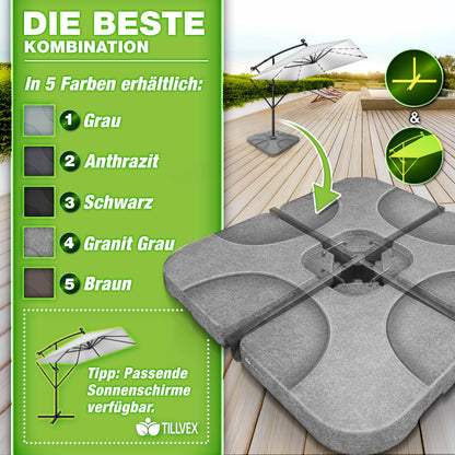 Tillvex® Supporti per Ombrelloni da Sole 60 Litri / 80 Kg - 4 Parti per Ombrellone con Semaforo Incluse Connettori in Metallo | Peso Ombrellone Riempibile con Acqua o Sabbia | Supporto per Ombrellone Resistente alle Intemperie per Balcone Esterno, Terrazz