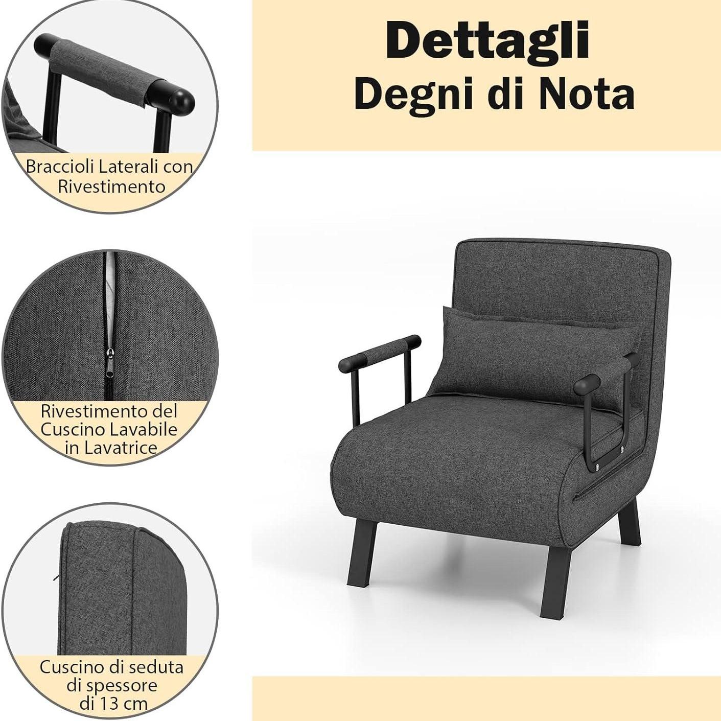 4 in 1 Poltrona Letto Singolo, Poltroncina Pieghevole con Schienale Regolabile in 6 Posizioni, Sedile Imbottito Robusto, Divano Letto per Casa Ufficio, 79x65x79 cm