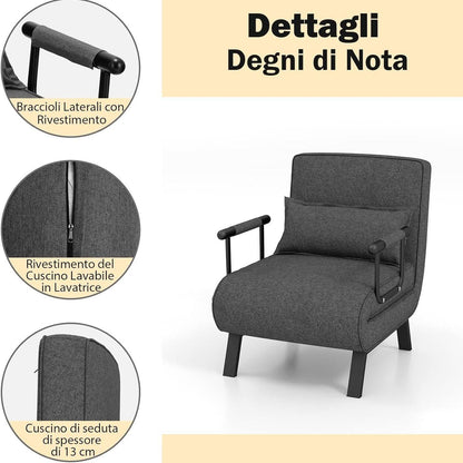 4 in 1 Poltrona Letto Singolo, Poltroncina Pieghevole con Schienale Regolabile in 6 Posizioni, Sedile Imbottito Robusto, Divano Letto per Casa Ufficio, 79x65x79 cm