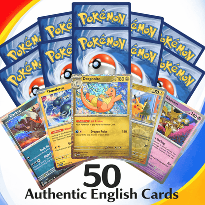 50 Carte Pokémon Versione Inglese - Set Autentico di 50 Carte Ufficiali, Incluse Rare e Lucide