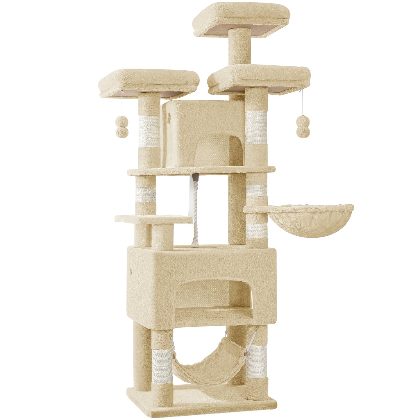 Torre Alta per Gatti, 176 cm di Altezza, Extra Large, con 3 Livelli, 2 Nascondigli, 7 Tavole per Graffiare, una Amaca, Palline Morbide, Ideale per Case con Molteplici Gatti