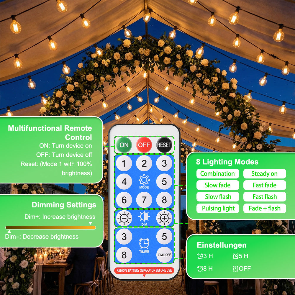 Catena Luminosa Solare da Esterno, 15M/20M/30M LED Luci da Giardino Dimmerabili Timer 8 modalità di illuminazione regolabili per Picnic Turistici, Atmosfera Decorativa, Illuminazione Cortile, Feste di Matrimonio, Cortili Esterni, Pergola Patio