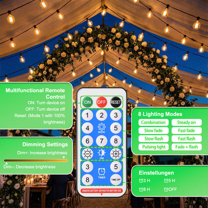 Catena Luminosa Solare da Esterno, 15M/20M/30M LED Luci da Giardino Dimmerabili Timer 8 modalità di illuminazione regolabili per Picnic Turistici, Atmosfera Decorativa, Illuminazione Cortile, Feste di Matrimonio, Cortili Esterni, Pergola Patio