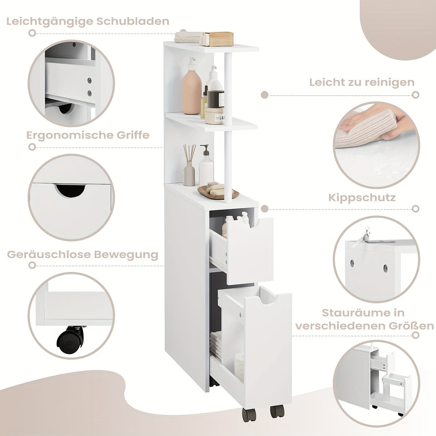 1 pz. Mobiletto da Bagno con Nicchia con Cassetti su Rotelle, Ripiani Aperti, Mobiletto da Bagno Mobiletto da Bagno Stretto, Credenza Mobiletto da Cucina Multifunzionale, Bianco, 19x113x45 Cm (LxAxP)