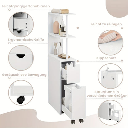 1 pz. Mobiletto da Bagno con Nicchia con Cassetti su Rotelle, Ripiani Aperti, Mobiletto da Bagno Mobiletto da Bagno Stretto, Credenza Mobiletto da Cucina Multifunzionale, Bianco, 19x113x45 Cm (LxAxP)