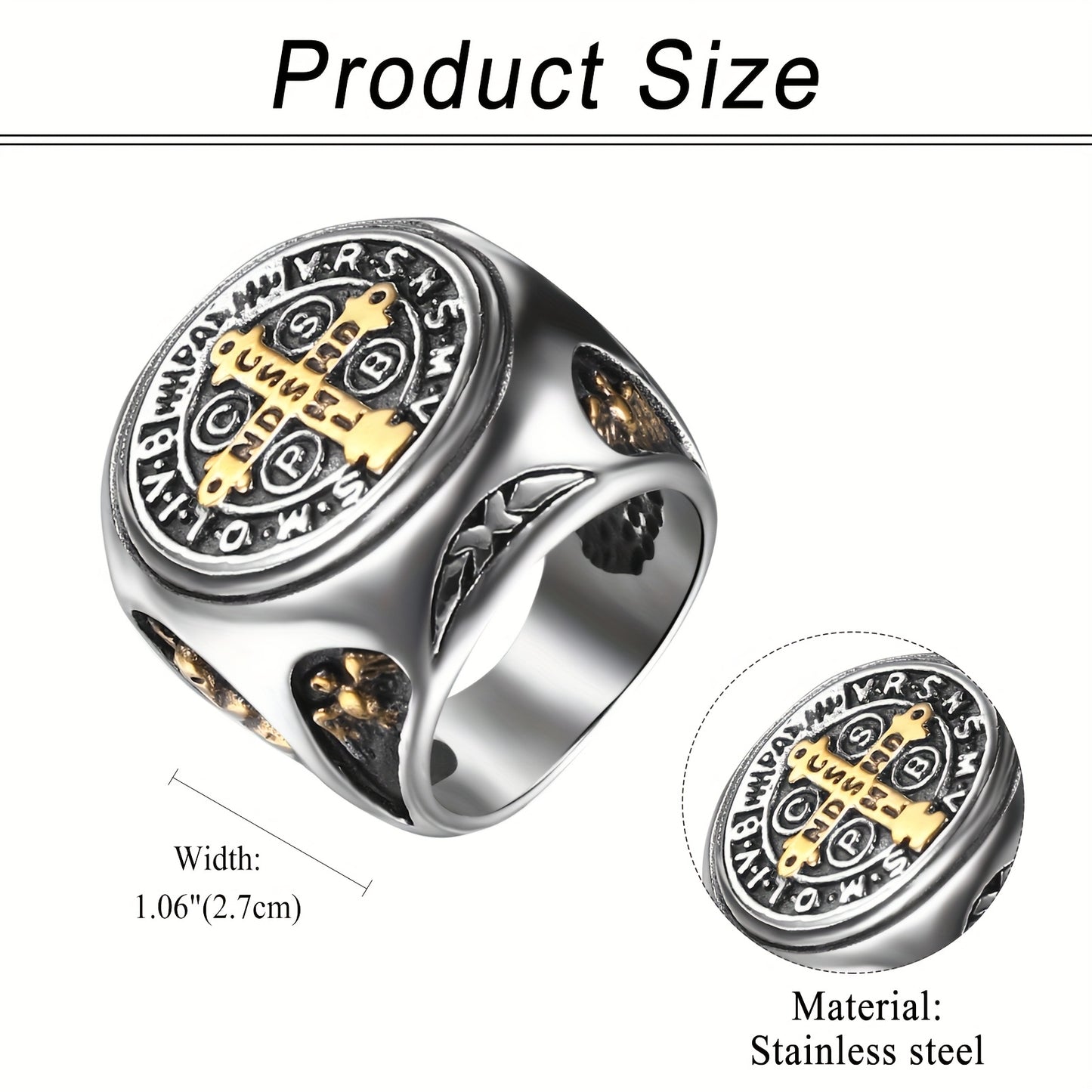 Anello in Acciaio Inossidabile con Medaglia di San Benedetto - Gioiello Vintage per Protezione e Esorcismo con Incisioni Latine, Design a Croce e Catene - Regalo Spirituale per Natale, Festa del Papà o San Valentino