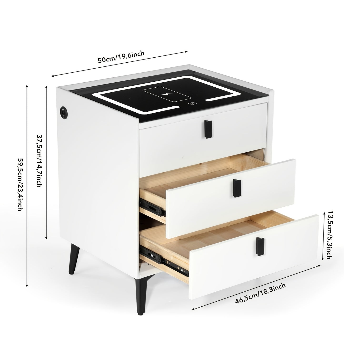 Comodino Nero/Bianco, Comodino con Luci LED Regolabili e 3 Cassetti, Organizer per Comodino Lucido per Camera da Letto