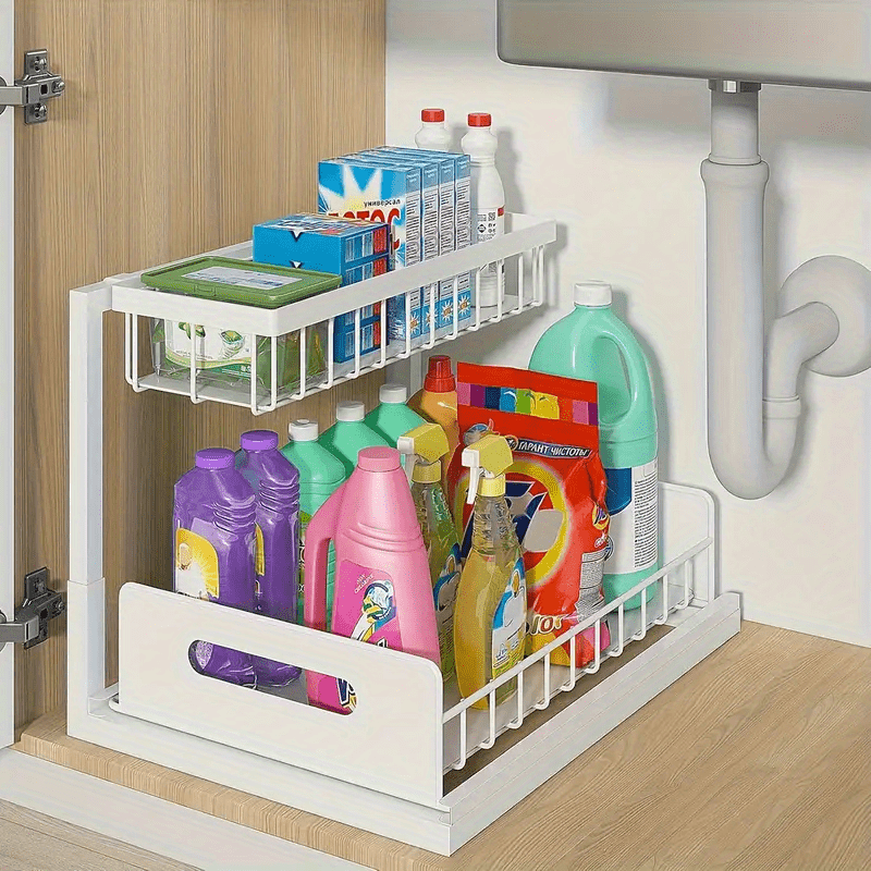 1 pz di scaffale regolabile sottolavello, un ripiano estraibile in metallo progettato per risparmiare spazio con un organizer a doppio strato per armadietti da cucina, perfetto per organizzare e smontare la zona del lavello. Questo moderno ripiano da cuci