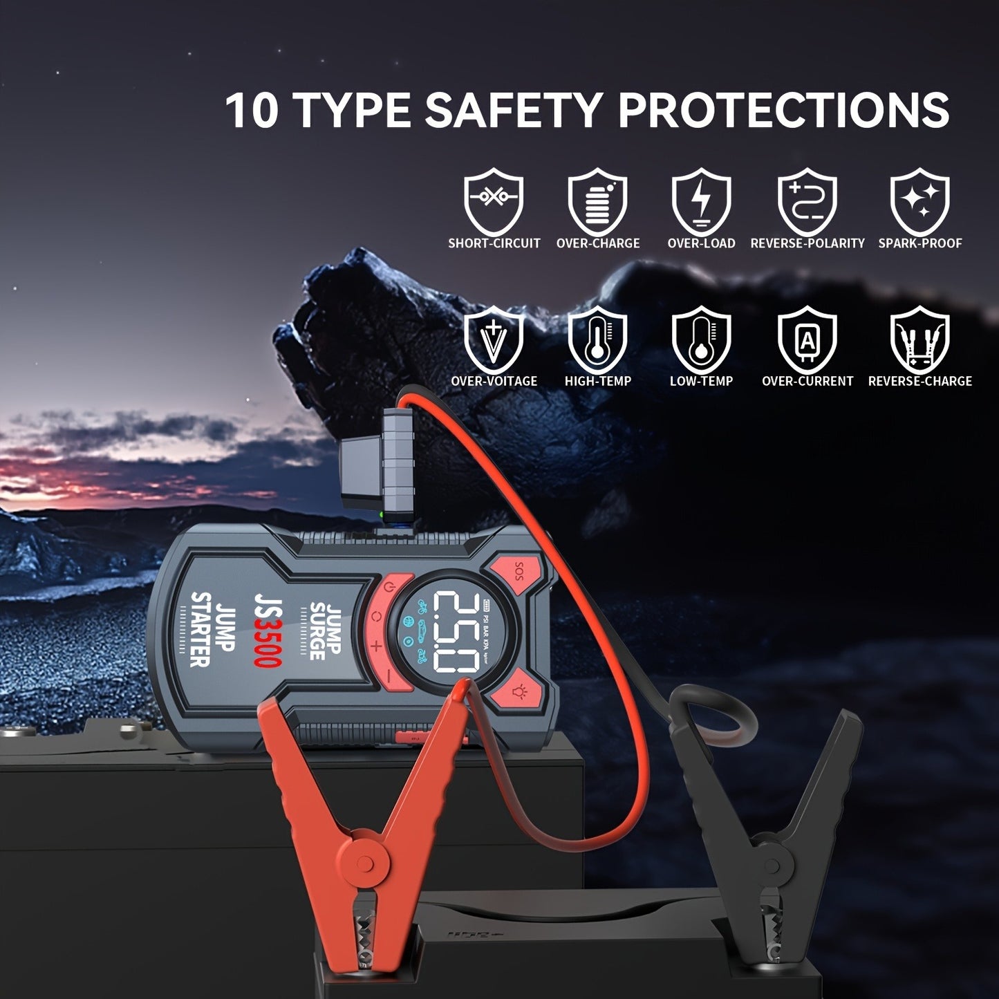 Avviatore di emergenza portatile per auto da 5000A di picco con compressore d'aria da 150PSI, caricabatteria per auto a 12V per fino a 10.0L benzina/9.0L diesel, ricarica rapida QC3.0, gonfiatore digitale per pneumatici e luce di emergenza a LED