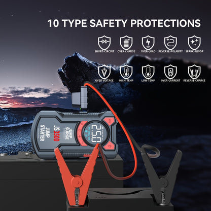 Avviatore di emergenza portatile per auto da 5000A di picco con compressore d'aria da 150PSI, caricabatteria per auto a 12V per fino a 10.0L benzina/9.0L diesel, ricarica rapida QC3.0, gonfiatore digitale per pneumatici e luce di emergenza a LED