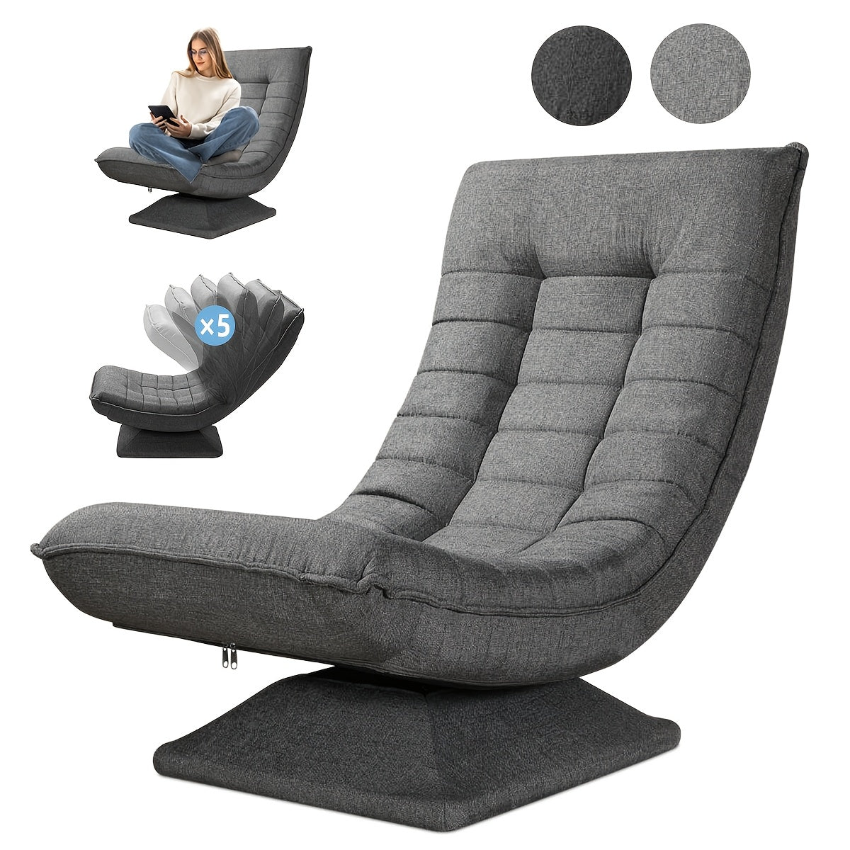 Poltrona Divano, Sedia da Terra, Schienale Regolabile Rotazione a 360° Pieghevole Portata 150Kg Design Elegante e Comfort Fanno di Essa l'Attenzione Principale della Tua Decorazione Domestica, Offrendoti un Luogo Comodo per Rilassarti. Nero, Grigio