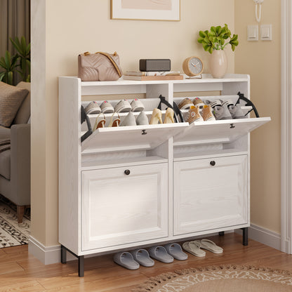 Scarpiera a quattro ante di grande capacità con design ventilato, scarpiera chiusa, spazioso ripiano, può contenere 20-24 paia di scarpe, design anti-ribaltamento, adatta per l'installazione in ingressi, corridoi e soggiorni, dimensioni: 99X24X91Cm