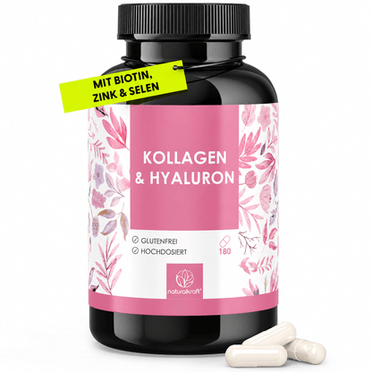 NATURALKRAFT® Collagene & Idroluroni Premium - con Biotina, Zinco, Selenio, Vitamina C & Silicio - Alta Biodisponibilità, Testato in Laboratorio, Qualità di Marca Tedesca - 180 Capsule