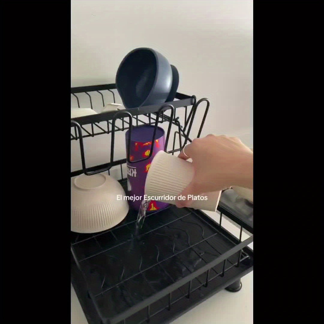 Scolapiatti a 2 piani grande capacità, multifunzionale e antiruggine per piano di lavoro cucina con porta utensili, portabicchieri, nero