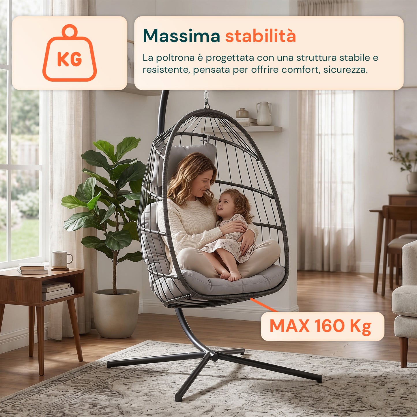 Poltrona Sospesa da Giardino Richiudibile con Cuscini Imbottiti in Acciaio Zincato e Effetto Rattan - Portata 160kg