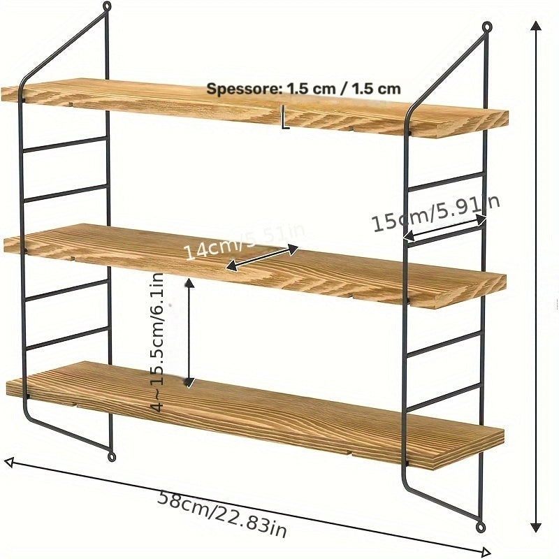 Mensola Galleggiante a Parete, 3 Ripiani Rustici Mensole Galleggianti per Cucina, Mensole Regolabili da Parete per Libri, Piante, Legno e Metallo, Mensole Espositive per Soggiorno, Camera da Letto, Cucina, Scaffali Utili