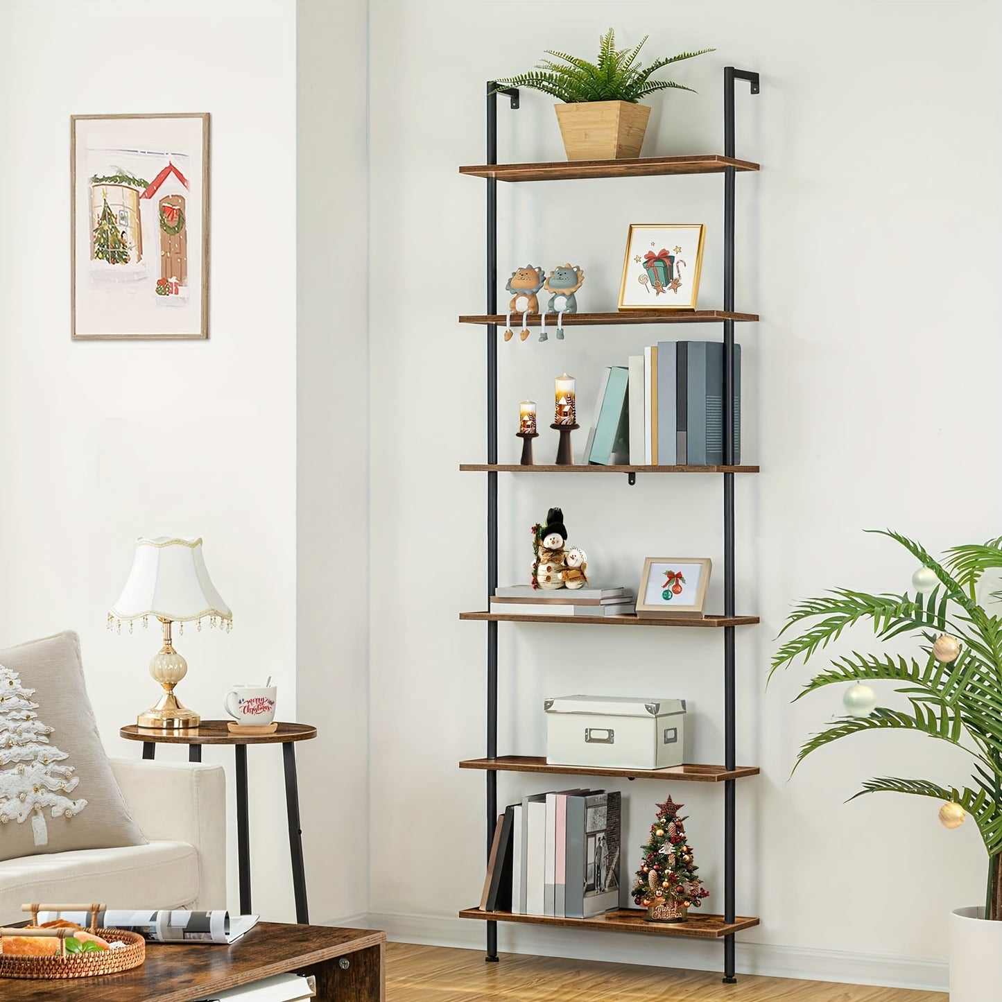 Libreria fai da te a 6 ripiani, scaffale a scala industriale, scaffalatura in truciolato, scaffalatura verticale da pavimento, con telaio di stabilizzazione in metallo, per ufficio domestico, soggiorno, marrone scuro