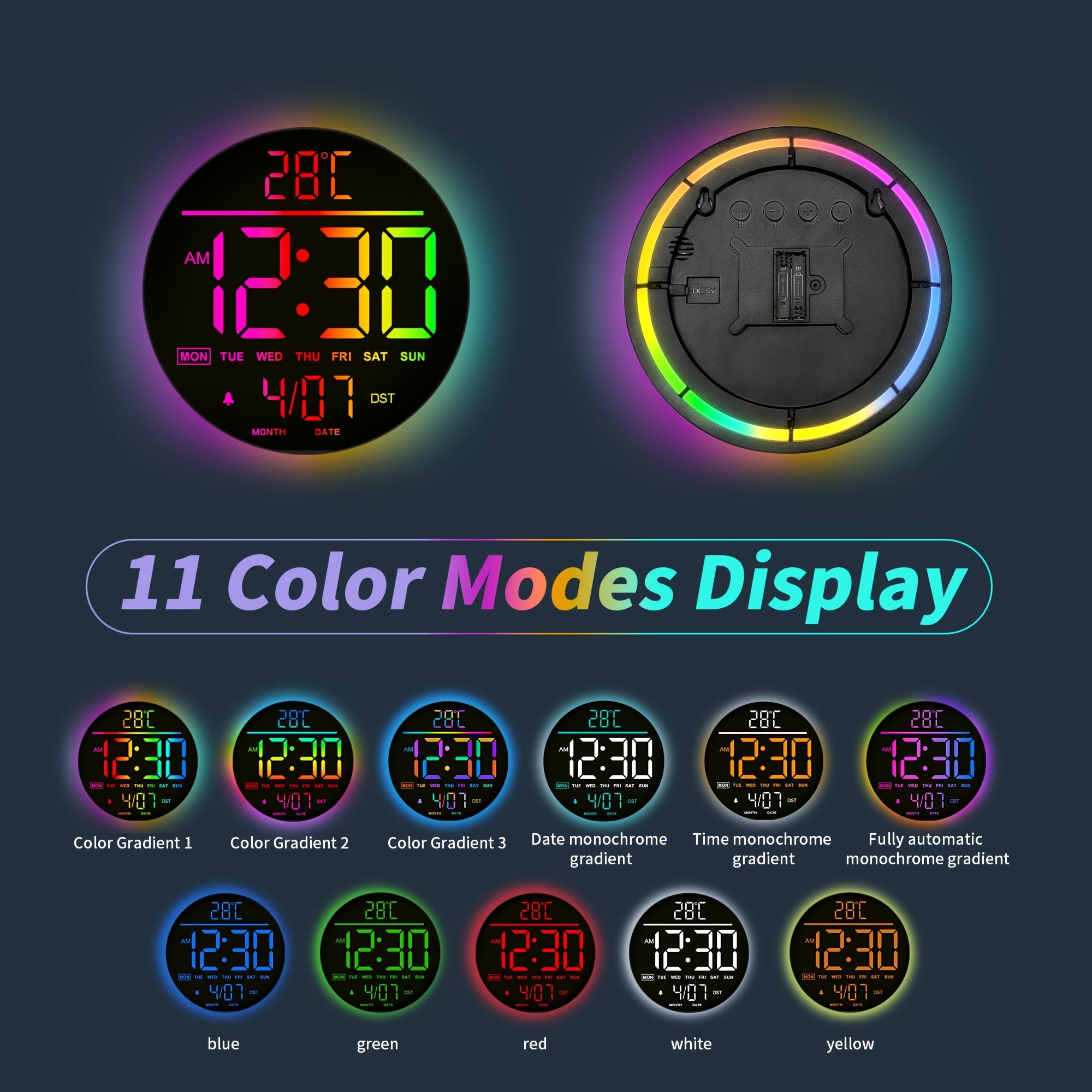 Orologio da Parete Digitale - 25cm/10 11 Luminosità Automatica Colore RGB, Temperatura, Data e Giorno, DST Automatico, Luci Notturne Senza Ticchettio, Orologio da Parete Elettrico a LED Moderno per Camera da Letto, Soggiorno