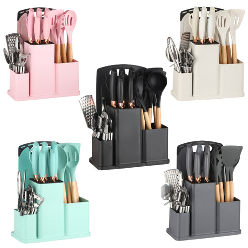 Collezione di 20 Coltelli Professionali con Porta Coltelli. Coltello da Chef, Mannaia, Coltello da Pane, Coltello per Affettare, Coltello per Disossare e Utensili da Cucina Completi. Struttura a Telaio Intero con Manici Antiscivolo per Taglio di Precision