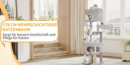 Tiragraffi per Gatti con Ampia Piattaforma, 178 Centimetri, 2 Grotte, 7 Pali per Graffiare, Palline di Peluche, Sedia a Dondolo, Amaca, Adatto a Tutte le Razze di Gatti, Grigio Chiaro, Grigio Scuro/Beige