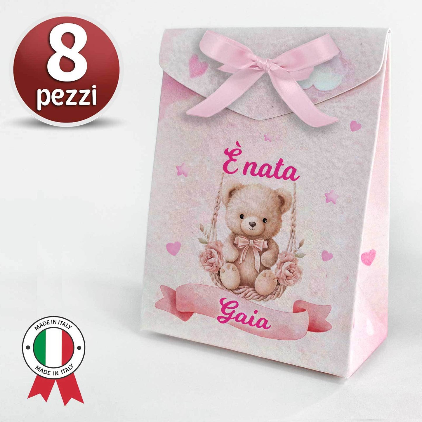 Set 8 Scatoline Bomboniere personalizzate con nome, Prima Nascita, Baby shower, scatole Portaconfetti + 4 mt. nastro raso, Festa nascita bimbo orsetto blu